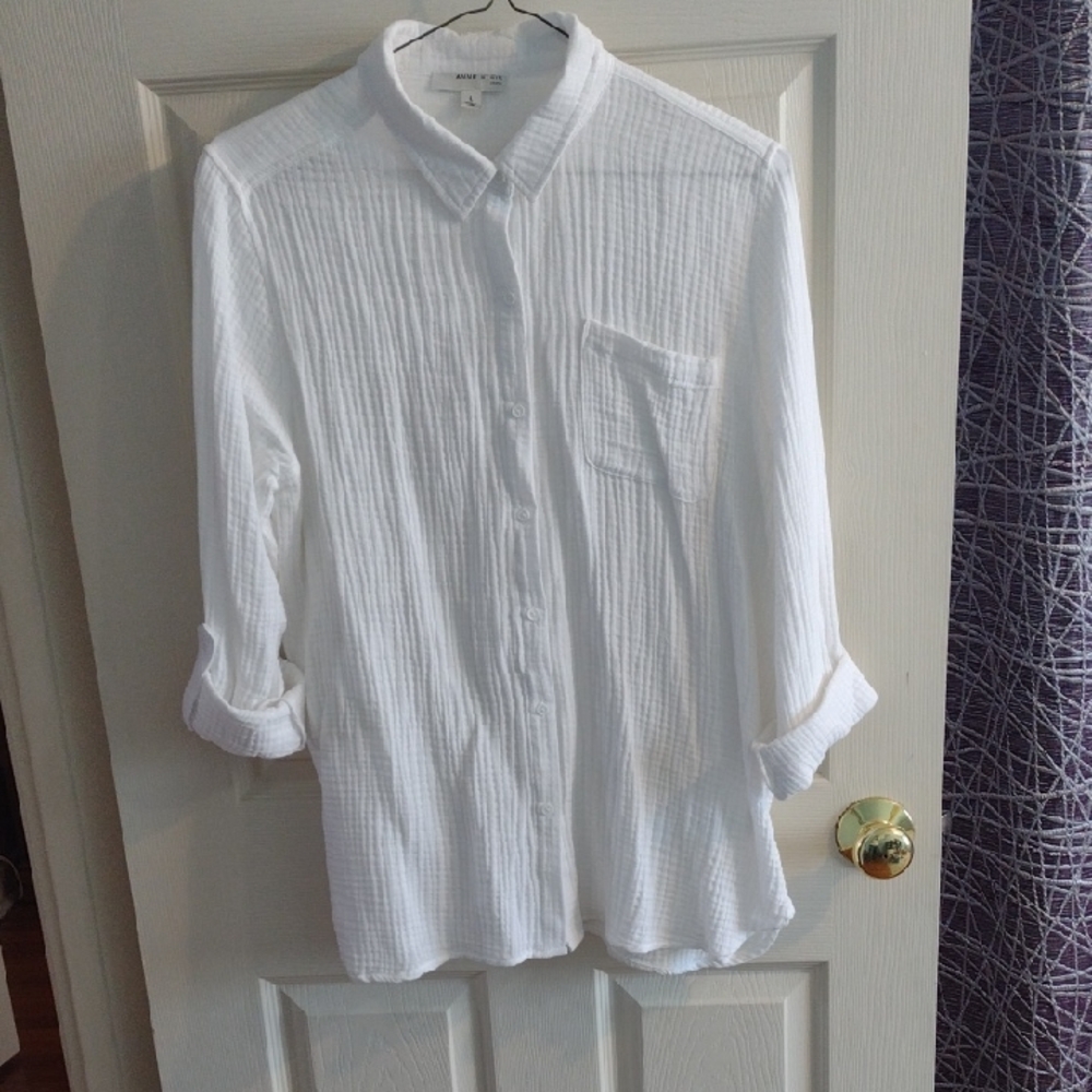 Anne Klein White Textured Cotton Gauze Button-Down Shirt